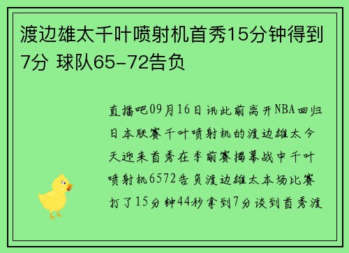 渡边雄太千叶喷射机首秀15分钟得到7分 球队65-72告负