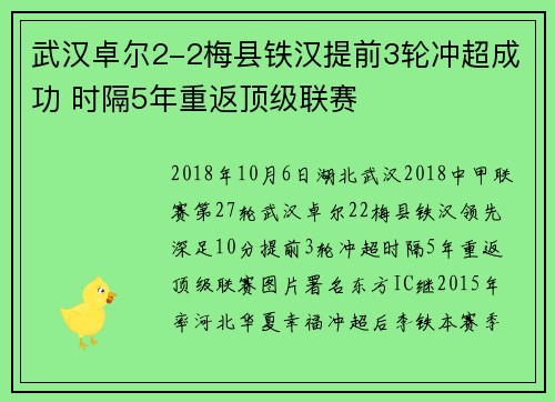 武汉卓尔2-2梅县铁汉提前3轮冲超成功 时隔5年重返顶级联赛