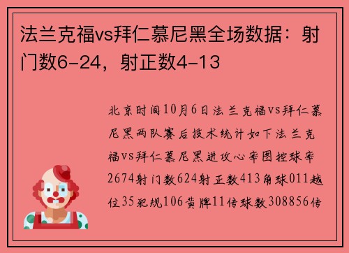 法兰克福vs拜仁慕尼黑全场数据：射门数6-24，射正数4-13