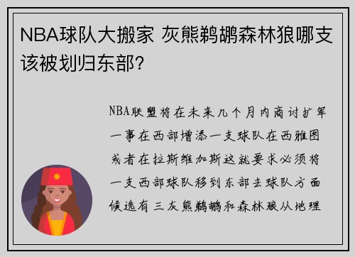 NBA球队大搬家 灰熊鹈鹕森林狼哪支该被划归东部？
